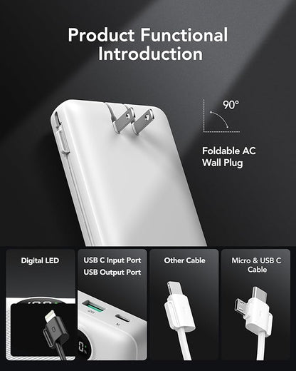 VRURC Power Bank 20000mAh, Fast Charging Portable Charger USB C,4 Output 2 Input Travel Essentials Charging Bank Equipped with LED Display,Built-in Wall Plug and Cables,Phone Charger Battery,White