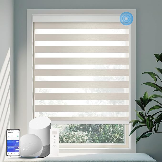COOLWINDS Motorized Zebra Blinds for Windows Cordless Electric Curtains with Remote Control Blackout Shades Custom Smart Blinds Compatible with Alexa Google Home(Light Filtering Beige,W50 X 72in)