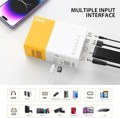 PVO Mini Projector Portable For Cartoon, Outdoor Video Projectors, LED Pico Movie-Projector for Home Theater, Kids Gift, Video Can Be Easily Mirrored Directly to The Projector Via Data Cable