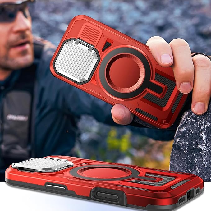 Camera Stand Case for iPhone 16, [Compatible with MagSafe] [Lens Cover] 2024 Version Military Grade Protective Soft Case for iPhone 16 6.1 inch Men Women, Red