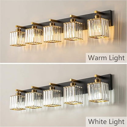 FDPBY Modern Bathroom Vanity Light 5-Lights Black Gold Crystal Bathroom Wall Light Vanity Light Fixtures，36.22-inch Modern Minimalist Design