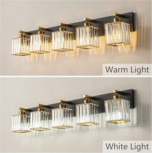FDPBY Modern Bathroom Vanity Light 5-Lights Black Gold Crystal Bathroom Wall Light Vanity Light Fixtures，36.22-inch Modern Minimalist Design