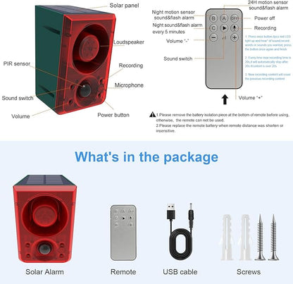 ChunHee Solar Outdoor Motion Sensor Alarm with Dog Barking Gunshot Sound, Support Recording and Adjustable Volume, 130db Loud Noise Maker 3 Work Modes Strobe Light for Home, Villa, Farm, Barn (2pack)