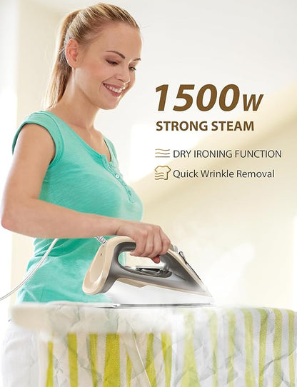 1500W Steam Iron for Clothes with 11.84oz Water Tank, 15-Second Fast Heat-Up, Ceramic Soleplate, Anti-Drip & Auto-Off, Burst of Steam & Self-Cleaning