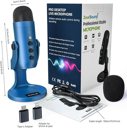 ZealSound USB Microphone,Condenser Gaming Mic for Phone/Laptop/PC/PS4/5/Computer,Microphone with Gain Knob,LED Mute,Monitor Volume Adjustment,Stand Base for Streaming, Podcast, Studio Recording (Blue)