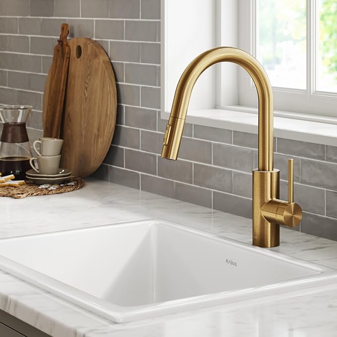 KRAUS Oletto Single Handle Pull Down Kitchen Faucet with QuickDock Top Mount Installation Assembly in Spot-Free Brushed Brass, KPF-2620BB
