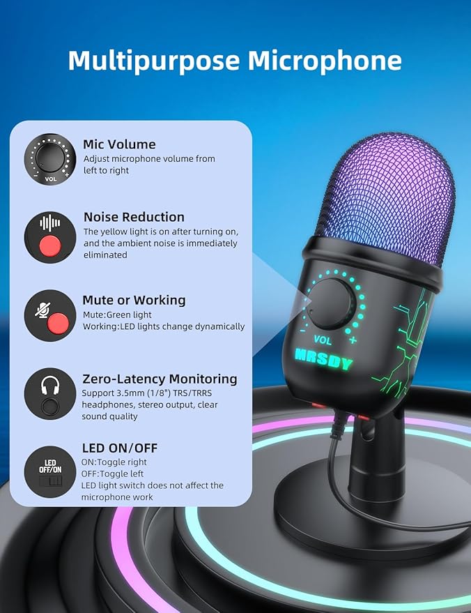 USB Microphone for PC, Mac, PS4, PS5, RGB Computer Microphone with Monitor, Mute and Noise Reduction, Great for Recording, Streaming, Gaming, Podcasting