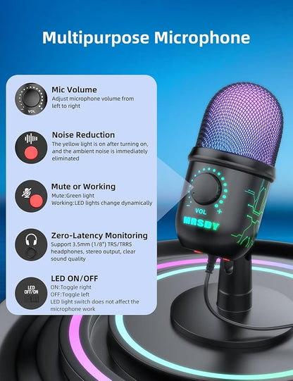 USB Microphone for PC, Mac, PS4, PS5, RGB Computer Microphone with Monitor, Mute and Noise Reduction, Great for Recording, Streaming, Gaming, Podcasting
