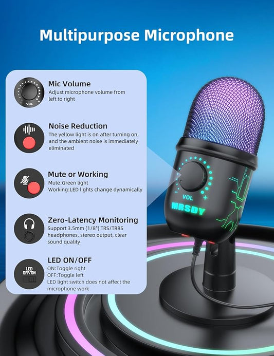 Gaming Microphone, USB Computer Microphone for PC, Mac, PS4/5, Condenser Podcast Mic for Studio Recording, YouTube, Streaming, with Headphone Jack, Led Light, Mute, Gain, Noise Cancellation