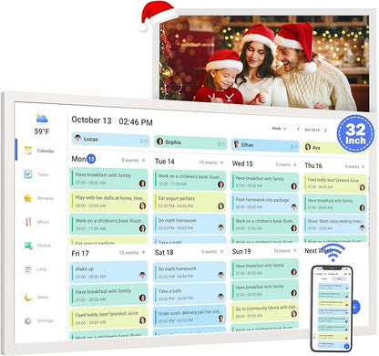 32" Digital Calendar Chore-Chart for-Wall-Planner - Interactive Touchscreen Display Electronic Calendar Picture Frame, Star Reward, Sync Google iCloud Outlook Calendar, Gifts for Mom, Wall Mount White