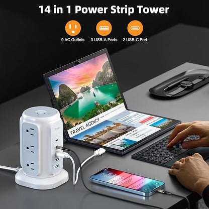 BESFAN Power Strip Tower, 1625W Surge Protector with 9AC Outlets 5 USB Ports, 6.5 FT Extension Cord Charging Tower for Multiple Devices, for Office Supplies, Dorm Room Essentials for Girls, Guys