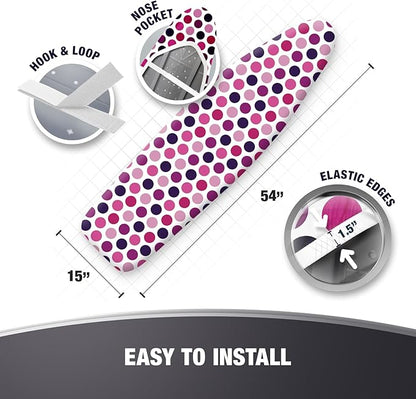 COTTY HOME Extra Thick Ironing Board Covers with Pad Standard Size 15x54, Heat Reflective Full Scorch Resistant Padding, Snug Fit Non-Slip Nose Pocket Fastener Straps Elastic Edges, Polka Dots