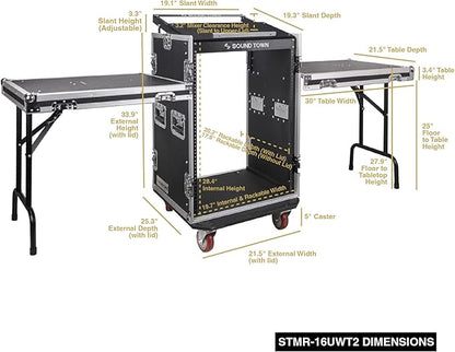 Sound Town Heavy-Duty 1/2" (12mm) Plywood 16U PA DJ Rack/Road ATA Case with 11U Slant Mixer Top, 20" Rackable Depth, 2 DJ Work Tables and Casters, Pro Tour Grade (STMR-16UWT2)