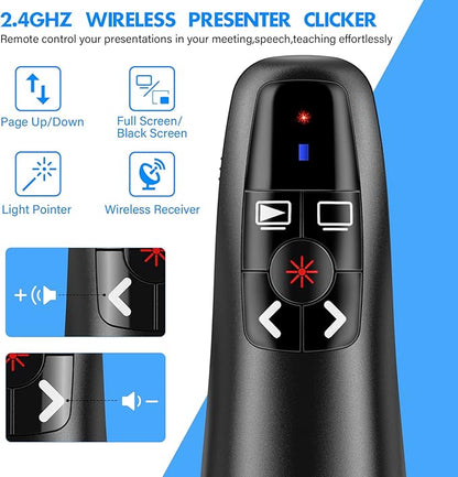 NinjaABXY Presentation Clicker Wireless Presenter Remote Clicker for PowerPoint Presentation, Laser Pointer RF 2.4GHz USB PowerPoint Clicker Slide Advancer with Volume Control for Computer/Laptop/Mac