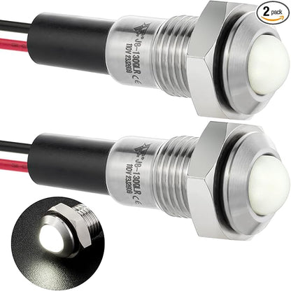 ZGSZJHF UL Listed Mini Indicator Light 8mm 0.31" Waterproof IP67 110V-120V Domed Sphere High Head Metal 304-Stainless Steel LED Lamp Pilot Light with 140mm Wire