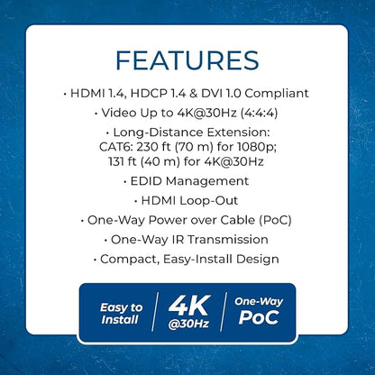 OREI 4K HDMI over Ethernet Extender Over CAT5/CAT6/CAT7, with IR Upto 164 Feet - Loop Out - 4K @ 30Hz 1080P Full HD Signal Distribution (EX-170C)
