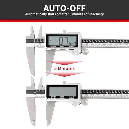 Unipec 8 Inch/ 200mm IP54 Grade Stainless Steel Digital Caliper & Stainless Steel Rule, Inch/Millimeter/Fraction Conversion, Large LCD Screen