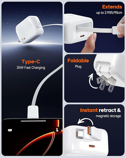 35W Retractable USB-C Wall Charger, Fast Charging Block with Foldable Plug and Retractable Type-C Cable, Dual Port PD Charger for iPhone 16/15, Galaxy S23/S22, LG, Compact for Travel & Home