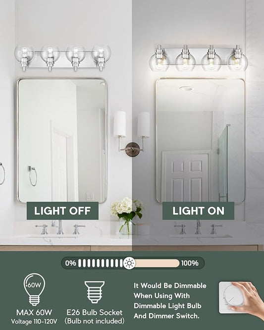 METWET Bathroom Light Fixtures, 4 Light Brushed Nickel Vanity Light, 26 Inch Modern Wall Sconces with Globe Clear Glass Shade, Vanity Lighting Fixtures Over Mirror, VL195-BN-CL-4