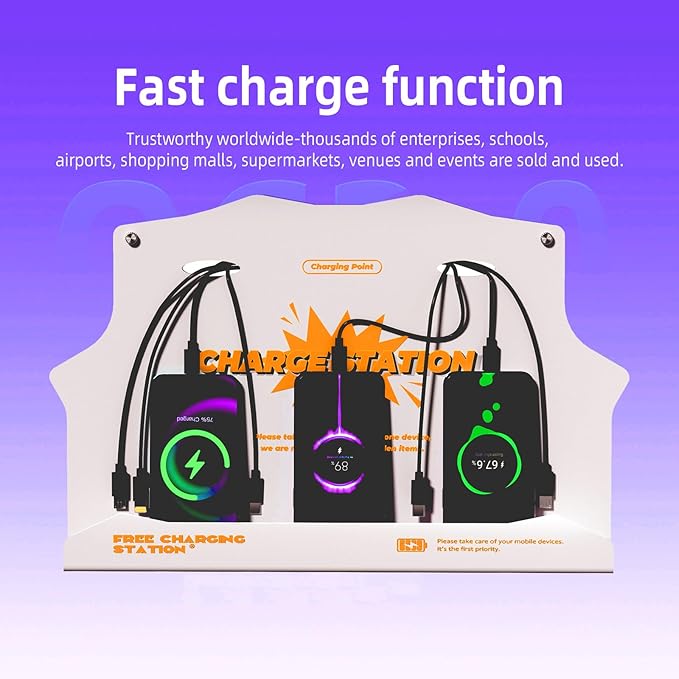 Wall Mounted Cell Phone Charging Station with 8-Port High-Speed Cables – Universal Dock for Apple, Type-C & Android Devices – Ideal for Airports, Hotels, Malls, Offices, Schools (White)