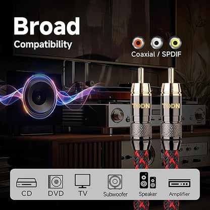 TODN HiFi Digital Coaxial Audio Cable for Audiophile 75-Ohm SPDIF Coax Subwoofer Cable RCA to RCA with OFC Core and Shielded (3ft /1m)