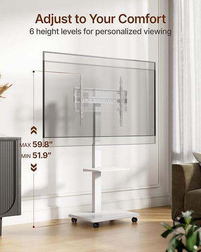 ECOTINY Steel Base Rolling TV stand with Power Outlet for 32-75 inch TVs up to 110 lbs, Leveling & Tilt & Swivel Mobile TV Stand with Hidden Wire Management, Height Adjustable Portable TV Stand, White
