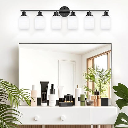 Guliaofo 6-Light Bathroom Light Fixtures, Vanity Lights for Mirror with Textured Milky White Glass Shade, E26 Base Modern Kitchen Light Fixtures Wall Sconce Light - Black