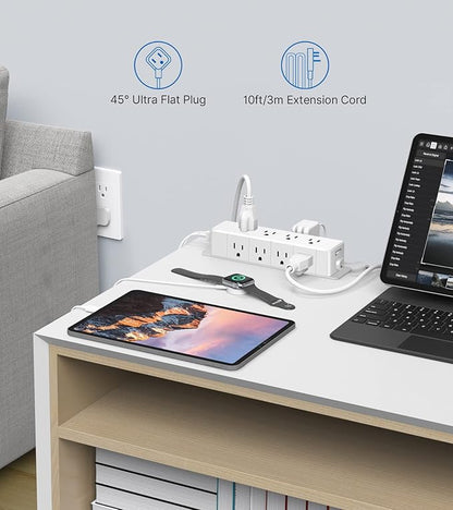 30W USB C Power Strip Surge Protector,4 Side 12 Outlets Desk Power Strip with Ultra Thin Flat Plug,PD Fast Charing,2 USB-C,2 USB-A(USB Total 40W),10ft Flat Extension Cord with Multiple Outlets,1200J