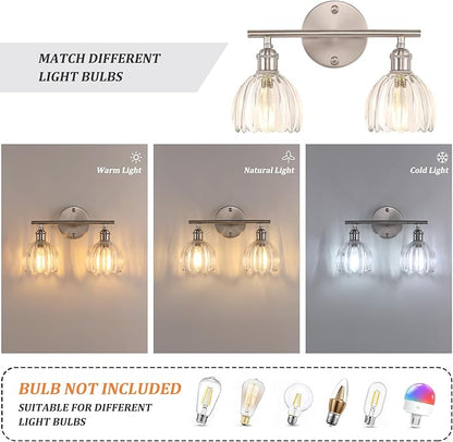 Shenmoyl Bathroom Light Fixtures, 2-Light Vanity Wall Light Over Mirror with Clear Tulip Glass Shade for Bedroom Living Room (Bulb Not Included), Satin Nickel