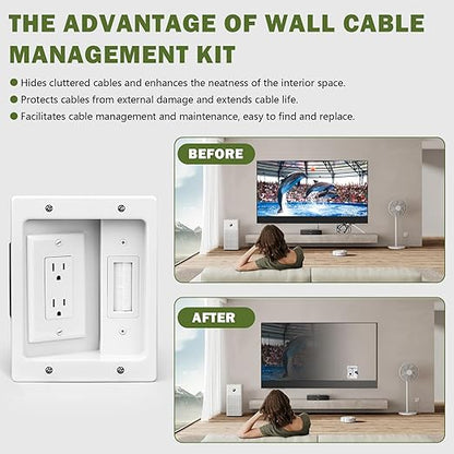Wall Cable Concealer Management Kit, Recessed Outlet Behind TV for Wall Mount TV with Cable Management Box, in Wall TV Connection Kit Hides Power Cables & Low Voltage Wires Fits All Plugs (NO Wire)