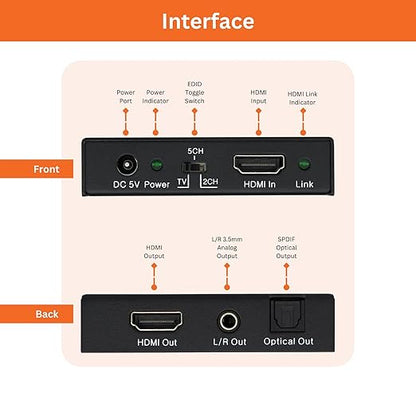 4K 60Hz HDMI Audio Extractor Converter SPDIF + 3.5MM Output Supports HDMI 2.0, HDCP 2.2, 1080P@120Hz, 1080P@144Hz, Dolby Digital/DTS Passthrough CEC, HDR10 by J-Tech Digital [JTD18G-H5CH]