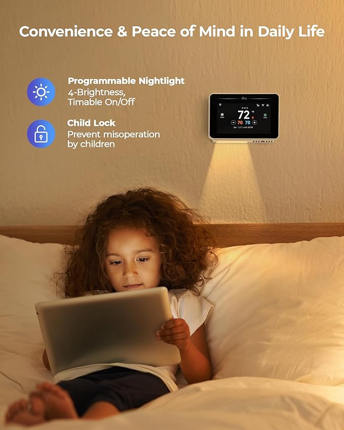 Vine Smart Thermostat for House with Nightlight, 4.3 Inches WiFi Thermostats for Home Compatible with Alexa and Google Assistant, 7day x 8period Programmable, C-Wire Required