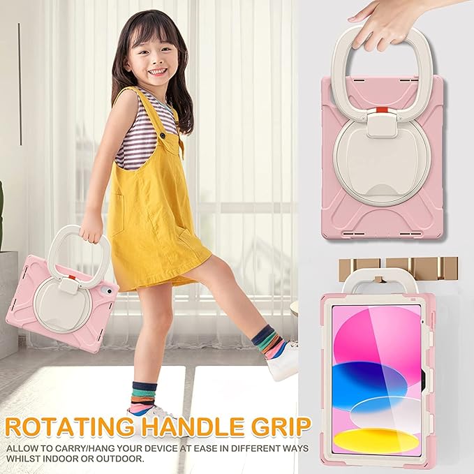 SCSVPN Case for iPad (A16) 11th Generation 11-inch 2025/10th Generation 10.9 Inch 2022, Full Body Shockproof Protective Kids Cover with Pencil Holder, Rotating Stand & Handle, Shoulder Strap - Pink