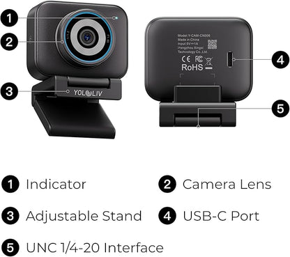YOLOLIV YoloCam S3-4K Streaming Webcam, DSLR-Like Control, Cinematic Effects, 4X Zoom, HDR, Uncompressed Video, Optimized PD AutoFocus | USB-C for PC & Mac