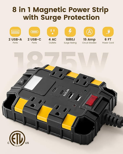 SURAIELEC Magnetic Power Strip, 1080J Surge Protector, 4 Outlets, 2 USB-A & 2 USB-C, 6 Ft Cord, Dual Magnets & 4 Mounting Holes, ETL Listed