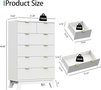 Xixini Fluted Dresser for Bedroom with 6 Drawers, 46" Tall Modern Chest of Drawers with Metal Handle, Wooden Dresser TV Stand, Wood Closet Clothes Storage Organizer for Living Room, Hallway, White