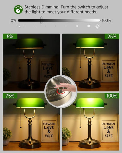 Newrays Green Glass Bankers Desk Lamp, Stepless Dimmable Table Lamp Plug in Fixture for Study, Office, LED Bulb Included