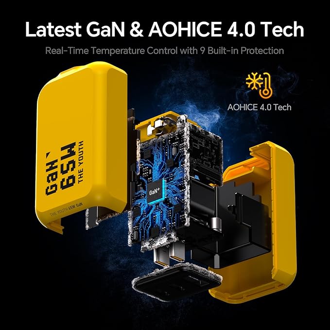 AOHI Youth 65W GaN+ USB C Charger Block, 3-Port PPS Type C Compact Foldable Laptop Fast Wall Charger for MacBook Pro/Air, iPad Pro, iPhone 16/15 Pro Max, Galaxy S24, Pixel, Steam Deck and More, Yellow