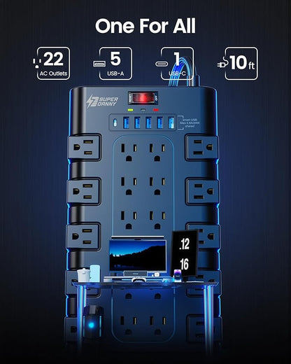 Flat Plug Power Strip 10Ft, SUPERDANNY Surge Protector with 22 AC Outlets and 6 USB Charging Ports, 1875W/15A, 2100 Joules, Heavy Duty Extension Cord 10 ft for Home, Office, Dorm, Gaming Room, Black