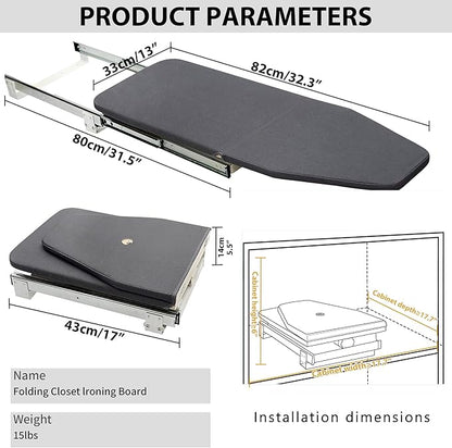 AKOZLIN Retractable Pull Out Ironing Board Closet Sliding Out Swivel Iron Board Mounted in Drawer with Heat Resistant Ironing Cover, Board Size: 31.88"*13", Gray