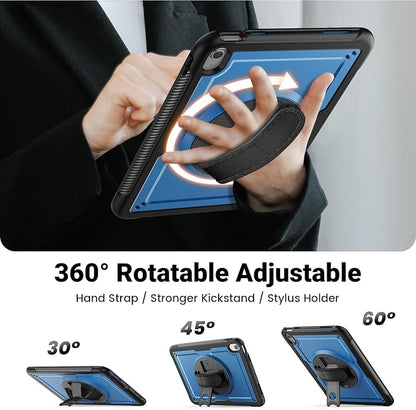 SCSVPN Case for iPad A16 11th Generation 11 Inch 2025/10th Gen 10.9'' 2022, Slim Hard Shockproof Protective Case with Screen Protector, Pencil Holder, Rotating Stand, Hand/Shoulder Strap - Navy Blue