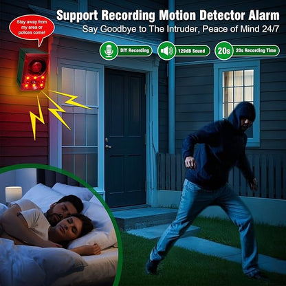 ChunHee Solar Outdoor Motion Sensor Alarm with Dog Barking Gunshot Sound, Support Recording and Adjustable Volume, 130db Loud Noise Maker 3 Work Modes Strobe Light for Home, Villa, Farm, Barn (3pack)
