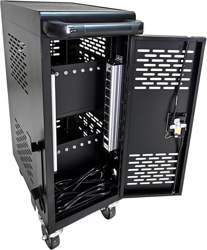 16-Device Mobile Charging Cart with Charging Power Strip and Front and Rear Access Locks, Cable Management, Up to 14", Safe Charging Cabinet for Chromebooks, Tablets, Laptops Black