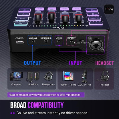 FIFINE Gaming Audio Mixer, Streaming RGB PC Mixer with XLR Microphone Interface, Individual Control, Volume Fader, Mute Button, 48V Phantom Power, for Podcast/Recording/Vocal/Game Voice-AmpliGame SC3