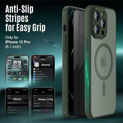Designed for iPhone 12 Pro Case, Compatible with MagSafe, with Privacy Screen Protectors X2, [Camera Protection] [15FT Military Drop Protection] Shockproof Phone Case, 6.1", Alpine Green