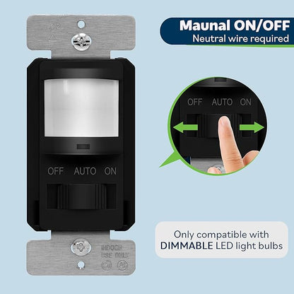 TOPGREENER in Wall PIR Motion Sensor Light Switch, Occupancy Sensor Switch, 𝐍𝐞𝐮𝐭𝐫𝐚𝐥 𝐖𝐢𝐫𝐞 𝐑𝐞𝐪𝐮𝐢𝐫𝐞𝐝, On/Off Override, 𝐒𝐢𝐧𝐠𝐥𝐞 𝐏𝐨𝐥𝐞, 4A, 500W, TSOS5-BKWP,Black,2 Pack