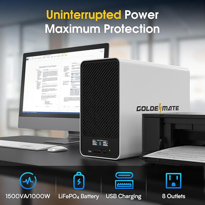 GOLDENMATE 1500VA/1000W Lithium UPS Battery Backup and Surge Protector, Backup Battery Power Supply with LiFePO4 Batteries(296Wh), AVR, Line Interactive Sinewave UPS System, 8 Outlets, LCD Display