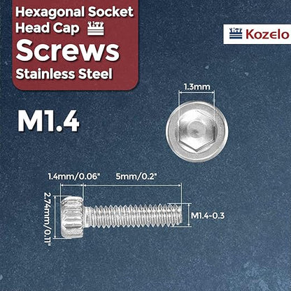 Kozelo 60pcs Socket Head Cap Screws - [M1.4-0.3 x 5mm] 304 Stainless Steel Allen Socket Drive for Electrical Motor 3D Printing Fan Engine Replacement Use, Silver