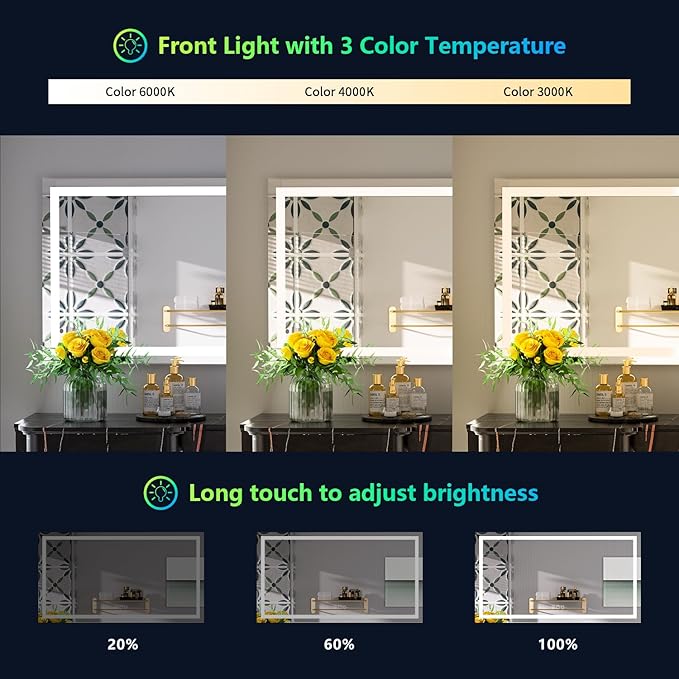 YEELAIT 57x36 Inch RGB LED Bathroom Mirror Front Light and RGB Backlit Lighted Vanity Mirror for Bathroom Wall Mounted Dimmable Anti Fog Memory Shatter-Proof IP54 Waterproof Horizontal/Vertical
