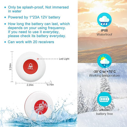 CallToU Wireless Caregiver Pager Waterproof Call Button Vibration Call Button for Elderly at Home Disabled Patient Elderly Monitoring Nurse Calling 2 SOS Call Buttons/Transmitters 500FT 2 Receivers